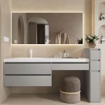 Water-resistant Stone Bathroom Vanity with 3 Drawers, Plug-in 1 Mirror and White Faucet, Shelves Not Included, 51"L x 22"W x 20"H, Bathroom Vanity & Faucet & Smart Square Mirror