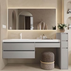 Water-resistant Stone Bathroom Vanity with 3 Drawers, Plug-in 1 Mirror and White Faucet, Shelves Not Included, 51"L x 22"W x 20"H, Bathroom Vanity & Faucet & Smart Square Mirror
