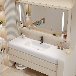 Spill Proof Stone Bathroom Vanity with Plug-in 1 Medicine Cabinet, Beige 2 Drawers and Soft Close Door Hinge, 31"L x 20"W x 24"H, Bathroom Vanity & Faucet & Smart Mirror Cabinet with Glass Door
