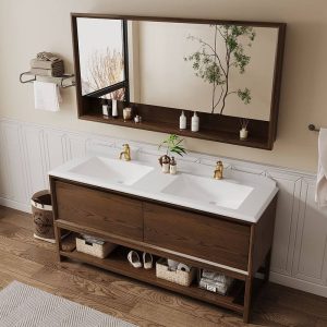 Genuine Marble Countertop with Aureate Faucet on Cocoa Free-standing Standard Bathroom Vanity with 1 Mirror and White Ceramic Sink, 55"L x 22"W x 32"H, Vanity & Faucet & Square Mirror