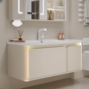 Stain Resistant Bathroom Vanity with 1 Drawer, 4 Doors, White Faucet, Beige Base, White Ceramic Sink Finish, 48"L x 20"W x 20"H, Vanity & Faucet & Smart Glass Mirror Cabinet