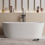 Freestanding Bathtub with Roll Top Oval Design in Casual Plexiglass for Soaking, Gloss White, 63"L x 29.9"W x 22.8"H