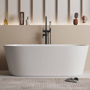 Freestanding Bathtub with Roll Top Oval Design in Casual Plexiglass for Soaking, Gloss White, 63"L x 29.9"W x 22.8"H