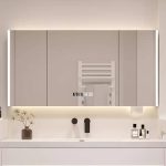 Medicine Cabinet with 3 Doors, Mirror Defogger, 5 Shelves, Rust Resistant, White Finish, Lighting System & Rectangle Shape, 59"L x 6"W x 30"H