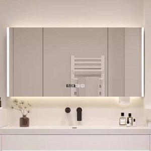 Medicine Cabinet with 3 Doors, Mirror Defogger, 5 Shelves, Rust Resistant, White Finish, Lighting System & Rectangle Shape, 59"L x 6"W x 30"H