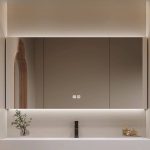 Brown 4 Shelves Medicine Cabinet with 3 Doors, Mirror Defogger, Rust Resistant, Illumination Light & Rectangle Shape, 59"L x 6"W x 30"H
