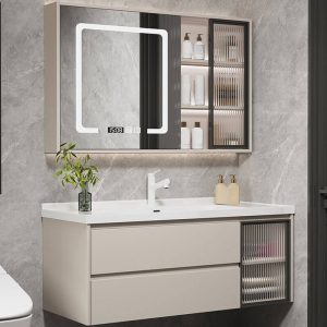Cream Bathroom Vanity with Spill Proof, 4 Doors, Chalk Faucet, 1 Medicine Cabinet, Shelf, Backsplash, Vanity & Faucet & Mirror Cabinet