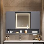 Dark Gray Medicine Cabinet with 2 Doors, Interior Mirror, 5 Shelves, Rust Resistant, LED Lighting, and Plug-in, 28"L x 5"W x 31"H, Sliding Door