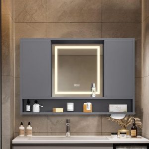 Dark Gray Medicine Cabinet with 2 Doors, Interior Mirror, 5 Shelves, Rust Resistant, LED Lighting, and Plug-in, 28"L x 5"W x 31"H, Sliding Door