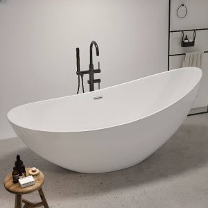 Freestanding Bathtub with Single Slipper, Oval Shape, Casual Style, White Color, Plexiglass Material, and Soaking Therapy, 67"L x 31.5"W x 31.5"H