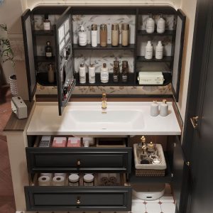 Stain Resistant Aureate Faucet Bathroom Vanity with Coal Base, Cabinet Hardware, 4 Doors, White Sink, and Shelf, Vanity & Faucet & Fully Sealed Smart Mirror Cabinet, 36"L x 20"W x 20"H