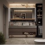 Sepia Stone Bathroom Vanity with 3 Drawers, Plug-in Medicine Cabinet, Watertight Shelf, 43.3"L x 19.7"W x 21.7"H, Vanity & Faucet & Smart Mirror Cabinet with Storage Shelf