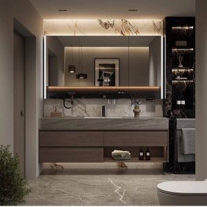 Sepia Stone Bathroom Vanity with 3 Drawers, Plug-in Medicine Cabinet, Watertight Shelf, 43.3"L x 19.7"W x 21.7"H, Vanity & Faucet & Smart Mirror Cabinet with Storage Shelf