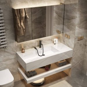 Sintered Stone White Bathroom Vanity with 3 Doors, Black Faucet, Rectangular Ceramic Sink, and Contemporary Style, 35.4"L x 19.7"W x 9.1"H, Vanity & Faucet & Mirror Cabinet