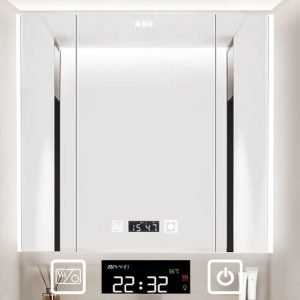 White Aluminum Rectangle Medicine Cabinet with 8 Shelves, USB Outlet, LED Lighting & Water Resistance, 26"L x 5"W x 43"H