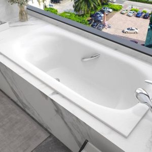 Pearlescent Plate Drop-in Bathtub with Rectangle Shape, Casual Style, White Color, Back to Wall Design, and Soaking Therapy, Tub, 59"L x 30"W x 22"H