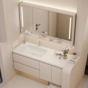 Stain Resistant Silver Faucet Bathroom Vanity with Stone Countertop, 1 Mirror, Beige Base, Plug-in, and 1 Medicine Cabinet, Vanity & Faucet & Smart Mirror, 63"L x 20"W x 25"H