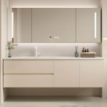 Bathroom Vanity with Sintered Stone Sink, 1 Mirror, White Faucet, Beige Base, Plug-in Feature, 2 Drawers, and Water-resistant Durability, Vanity & Faucet & Smart Mirror, 59"L x 20"W x 19"H