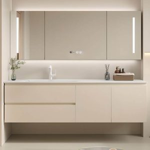 Bathroom Vanity with Sintered Stone Sink, 1 Mirror, White Faucet, Beige Base, Plug-in Feature, 2 Drawers, and Water-resistant Durability, Vanity & Faucet & Smart Mirror, 59"L x 20"W x 19"H