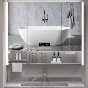 Light Gray Stainless Steel Rectangle Medicine Cabinet with USB Outlet, 8 Shelves, Illumination Light, and Hydrophobic Resistance, 47"L x 5"W x 35"H