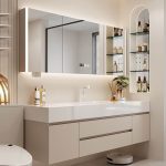Waterproof White Stone Bathroom Vanity with Plug-in 1 Medicine Cabinet, 2 Drawers and Soft Close Door Hinge, 27.5"L x 20"W x 22"H, Bathroom Vanity & Faucet & Smart Mirror Cabinet with Glass Door