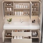 Spill Proof Chalk Stone Bathroom Vanity with Plug-in 1 Medicine Cabinet, Ivory Base and 5 Doors, 47.2"L x 19.7"W x 21.7"H, Vanity & Faucet & Smart Half Mirror Cabinet