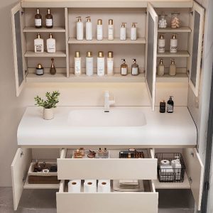 Spill Proof Chalk Stone Bathroom Vanity with Plug-in 1 Medicine Cabinet, Ivory Base and 5 Doors, 47.2"L x 19.7"W x 21.7"H, Vanity & Faucet & Smart Half Mirror Cabinet