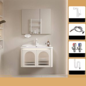 Spill Proof Bathroom Vanity with 4 Doors, Chalk Faucet, Beige Base, Backsplash, Rectangular Sink, and Shelf, Vanity & Faucet & Mirror Cabinet, 28"L x 20"W x 20"H