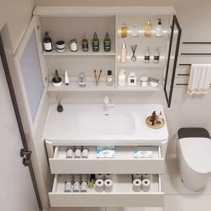Bathroom Vanity with 4 Doors, Beige Base, Ink Faucet, White Rectangular Ceramic Sink, and Contemporary Style, 40"L x 20"W x 20"H, Vanity & Faucet & Mirror Cabinet
