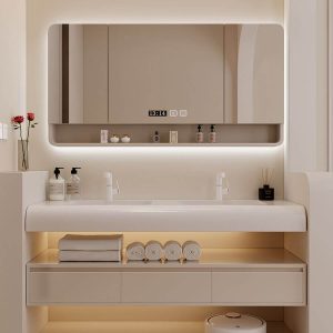 White Bathroom Vanity with 3 Drawers & Sintered Stone Rectangle Sink & White Faucet & 2 Doors & Contemporary Style, 63"L x 20"W x 16"H, Bathroom Vanity & Faucet & Smart Mirror Cabinet