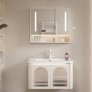Stain Resistant Bathroom Vanity with 4 Doors, Chalk Faucet, Beige Base, White Ceramic Sink, and Rectangular Shape, Vanity & Faucet & Smart Medicine Cabinet, 24"L x 20"W x 20"H