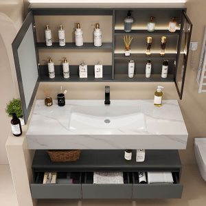 Moisture-proof Stone Bathroom Vanity with Plug-in 1 Medicine Cabinet, 3 Drawers, 2 Doors and Soft Close Door Hinge, 47"L x 20"W x 18"H, Bathroom Vanity & Faucet & Smart Mirror Cabinet with Glass Door