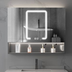 Medicine Cabinet with 6 Shelves, USB Outlet, Stainless Steel Dark Gray Finish, Illumination Light, Rectangle Shape, and Hydrophobic Resistance, 59"L x 5"W x 31"H