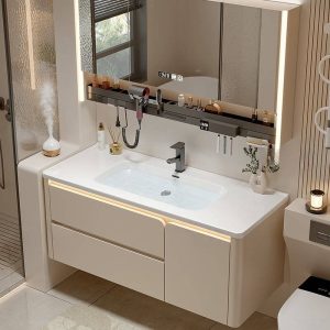 Light Gray Faucet Bathroom Vanity with 4 Doors, Beige Base, White Ceramic Sink, Contemporary Style, and Rectangular Shape, 44"L x 20"W x 19"H, Vanity & Faucet & Smart Mirror Cabinet with Storage Shelf