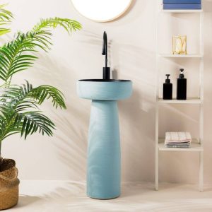 Azure Pedestal Bathroom Sink with Orbicular Shape, 1 Hole, Supply Line, Shutoff Valve, and Center Trapway, Round Faucet