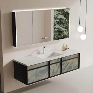 Ink Wall Mounted Standard Bathroom Vanity with 1 Door, Sintered Stone Countertop, 1 Mirror, Chalk Faucet Finish, and Drain Assembly, 47"L x 20"W x 20"H, Vanity & Faucet & Smart Mirror