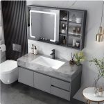 Water-resistant Stone Bathroom Vanity with Grey 2 Drawers, 1 Medicine Cabinet, 4 Doors and Shelf, 31.5"L x 20"W x 22"H, Vanity & Faucet & Mirror Cabinet