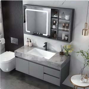 Water-resistant Stone Bathroom Vanity with Grey 2 Drawers, 1 Medicine Cabinet, 4 Doors and Shelf, 31.5"L x 20"W x 22"H, Vanity & Faucet & Mirror Cabinet