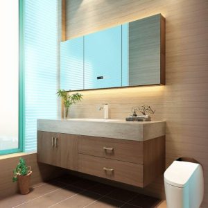 Light Brown Stone Bathroom Vanity with Cabinet Hardware, Chalk Faucet, Plug-in Feature, 2 Drawers, and 1 Medicine Cabinet, Vanity & Faucet & Smart Medicine Cabinet, 24"L x 22"W x 22"H