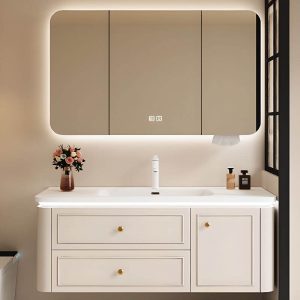 Ivory Bathroom Vanity with Cabinet Hardware, 3 Doors, Chalk Faucet, 2 Drawers, Ceramic Countertop, and Drain Assembly, Vanity & Faucet & Smart Medicine Cabinet, 36"L x 20"W x 19"H
