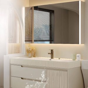 Spill Proof Stone Bathroom Vanity with Plug-in 1 Medicine Cabinet, Beige 2 Drawers and Metallic Faucet, 31"L x 20"W x 22"H, Vanity & Faucet & Smart Half Mirror Cabinet