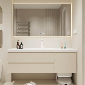 Bathroom Vanity with 1 Door, Sintered Stone Countertop, 1 Mirror, White Faucet, Ivory Base, Rectangular Ceramic Sink, 55"L x 20"W x 19"H, Bathroom Vanity & Faucet & Smart Square Mirror