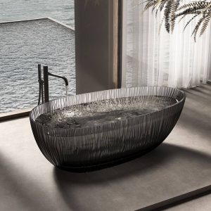 Dark Blue Resin Freestanding Bathtub with Roll Top Oval Design in Casual Style for Soaking