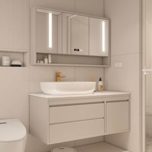Gold Faucet Bathroom Vanity with Stone Countertop, Beige Base, 1 Medicine Cabinet, 2 Drawers, Watertight Durability, and Soft Close Door Hinge, Vanity & Faucet & Mirror Cabinet, 31"L x 20"W x 19"H