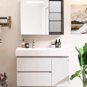 Silver Faucet Minimalist Bathroom Vanity with White Top, 2 Doors, Ceramic Rectangular Sink, and Shelf, Vanity & Faucet & Mirror Cabinet, Pink, 39"L x 18"W x 22"H