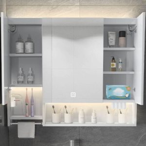Medicine Cabinet with USB Outlet, 8 Shelves, Stainless Steel White Finish, Illumination Light, Rectangle Shape, and Hydrophobic Resistance, 39"L x 5"W x 35"H