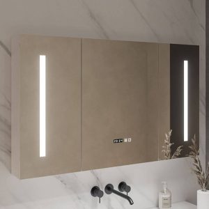 4 Shelves White Medicine Cabinet with 3 Doors, Mirror Defogger, Rust Resistant, Illumination Light & Rectangle Shape, 39"L x 6"W x 28"H