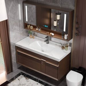 Rubberwood Dark Brown Bathroom Vanity with 1 Drawer, 4 Doors, Ink Faucet, Sintered Stone Sink & White Finish, 40"L x 20"W x 19"H, Vanity & Faucet & Smart Half Mirror Cabinet, Slate