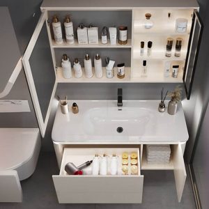 Spill Proof Beige Bathroom Vanity with 1 Drawer, 4 Doors, Soft Close Door Hinge, and Plug-in Feature, Vanity & Faucet & Smart Medicine Cabinet, 48"L x 20"W x 19"H