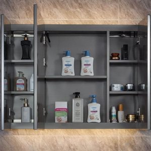 4 Shelves Medicine Cabinet with Electrical Outlet, Stainless Steel, Gray Finish, Illumination Light, Rectangle Shape, and Hydrophobic Resistance, 47"L x 5"W x 31"H